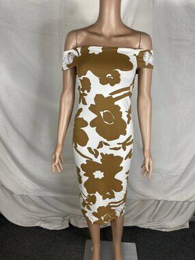 S/W/F Womens Cold Shoulder Fitted Jersey Midi Dress Size S Brown, White